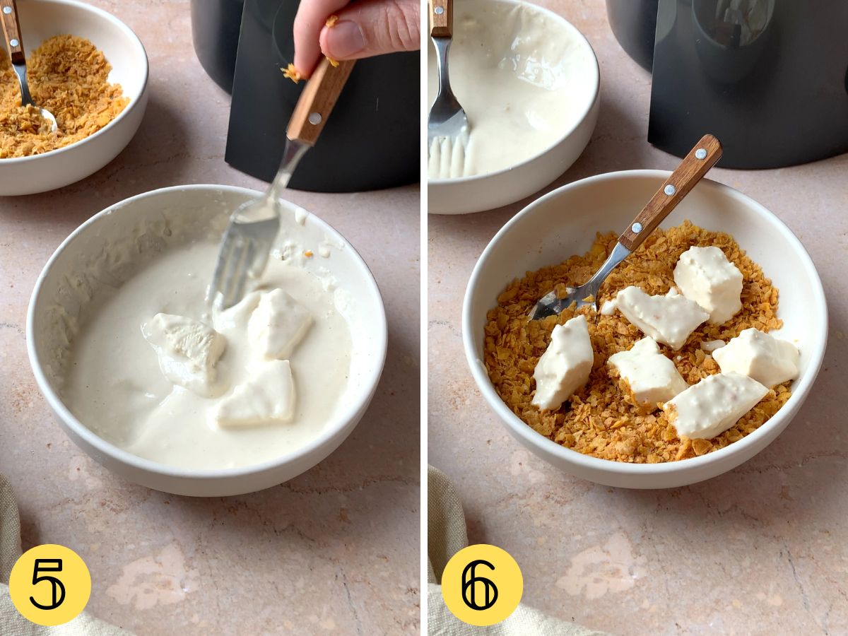 Tofu chunks in a flour and water mix and also in a cornflake coating in bowls.