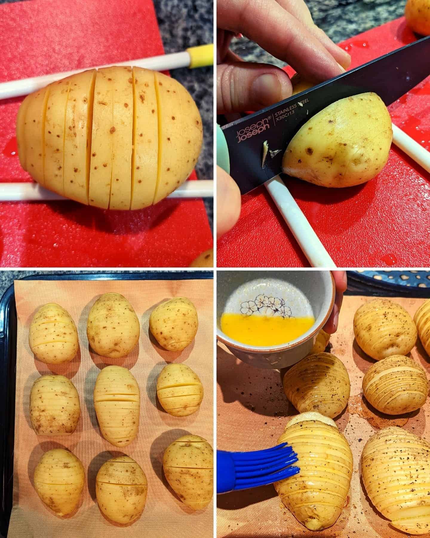 A 4 part collage showing a potato being cut in between chopsticks, once it's been chopped, 6 potatoes on a baking tray and melted butter being brushed onto the potatoes