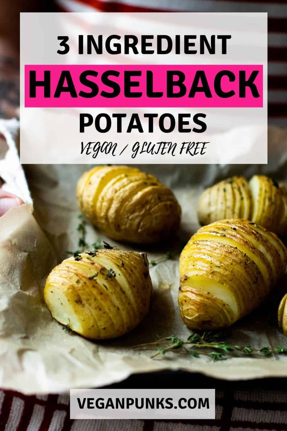 A Pinterest image of hasselback potatoes with a title at the top and our website url below