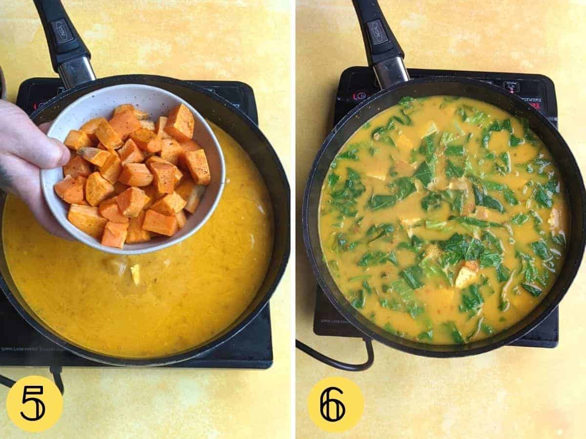 Process images showing sweet potato about to be added to the wok, and another showing the spring greens in the vegan khao soi