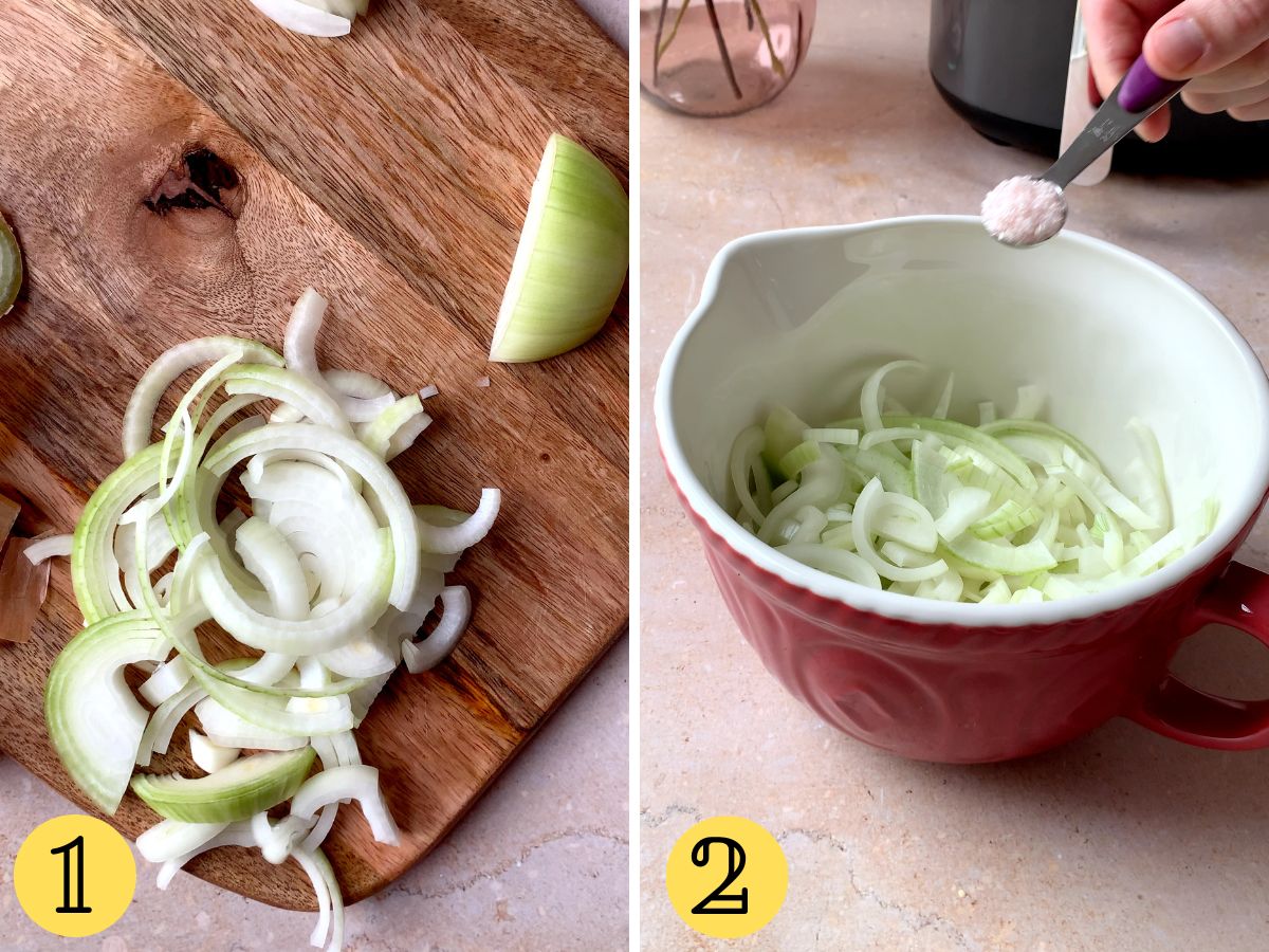 Sliced onions on a cutting board and in a bowl.