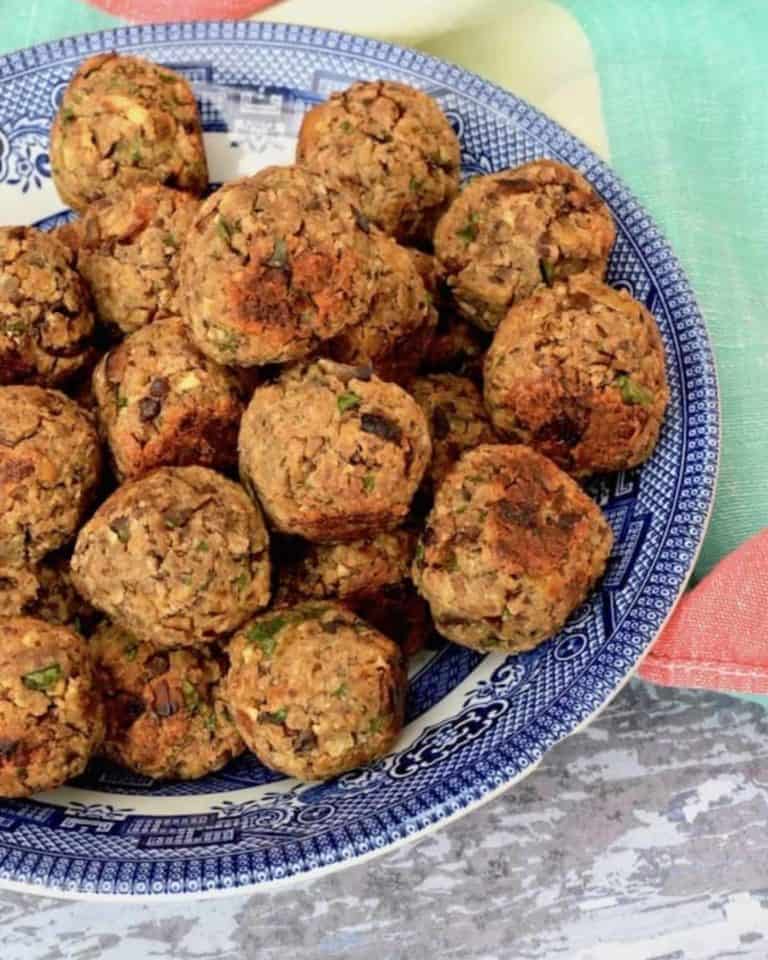 Stuffing balls piled up in a blue dish