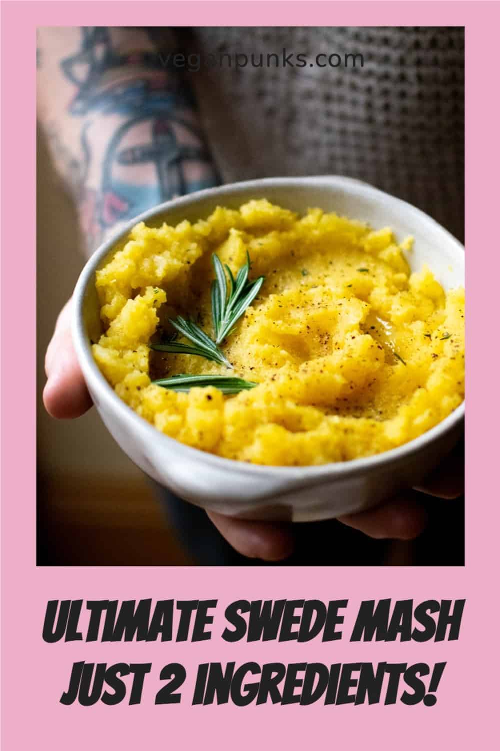 A Pinterest image with a pink border and a title written in black underneath the image of swede mash in a white bowl