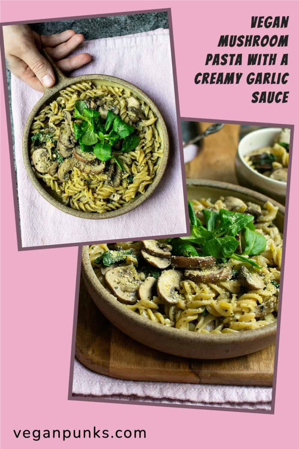 A Pinterest image for vegan mushroom pasta with a creamy garlic sauce