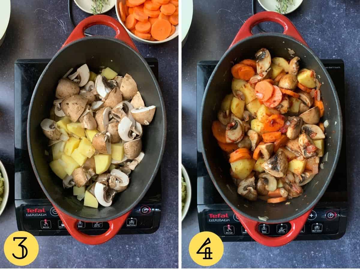 Two images with potatoes, mushrooms and carrots in a casserole dish.