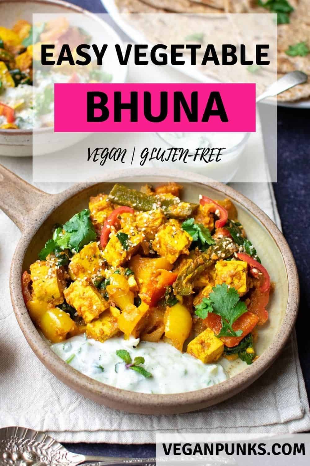 Pinterest image of a bhuna curry in a bowl with the title 'Easy Vegetable Bhuna'