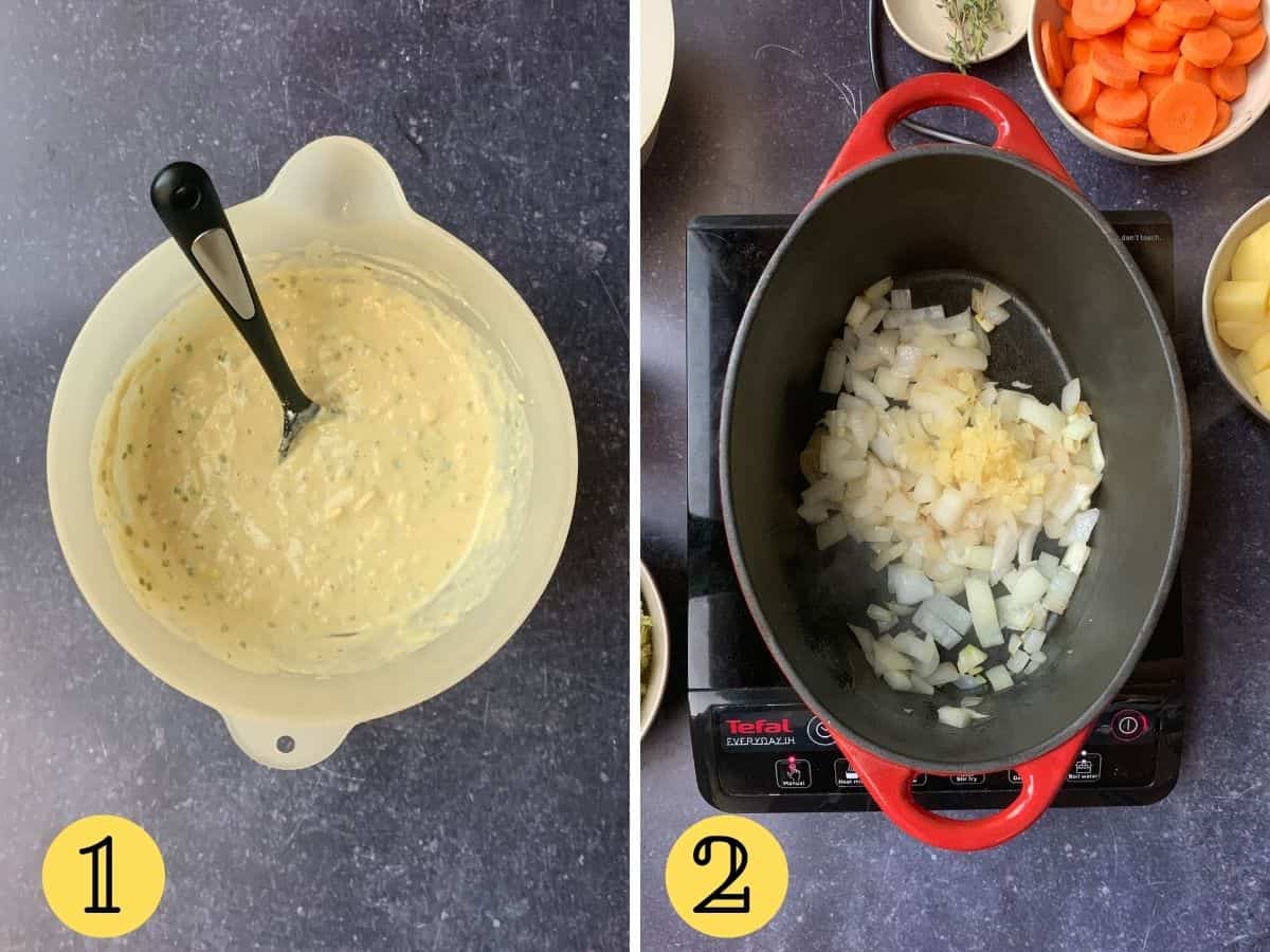 Vegan dumpling batter in a bowl, onions and garlic in a casserole dish.