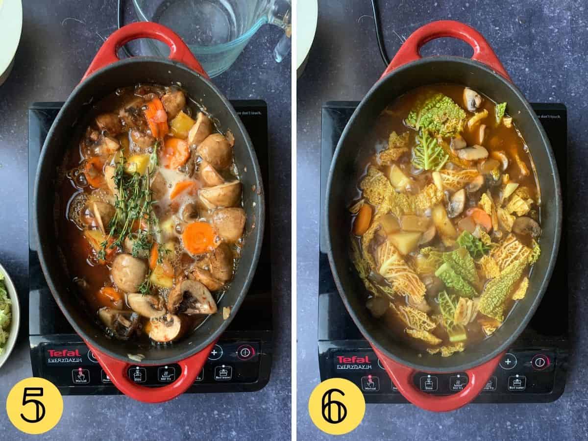 Two images of stew cooking, one with thyme on top, one with liquid added.