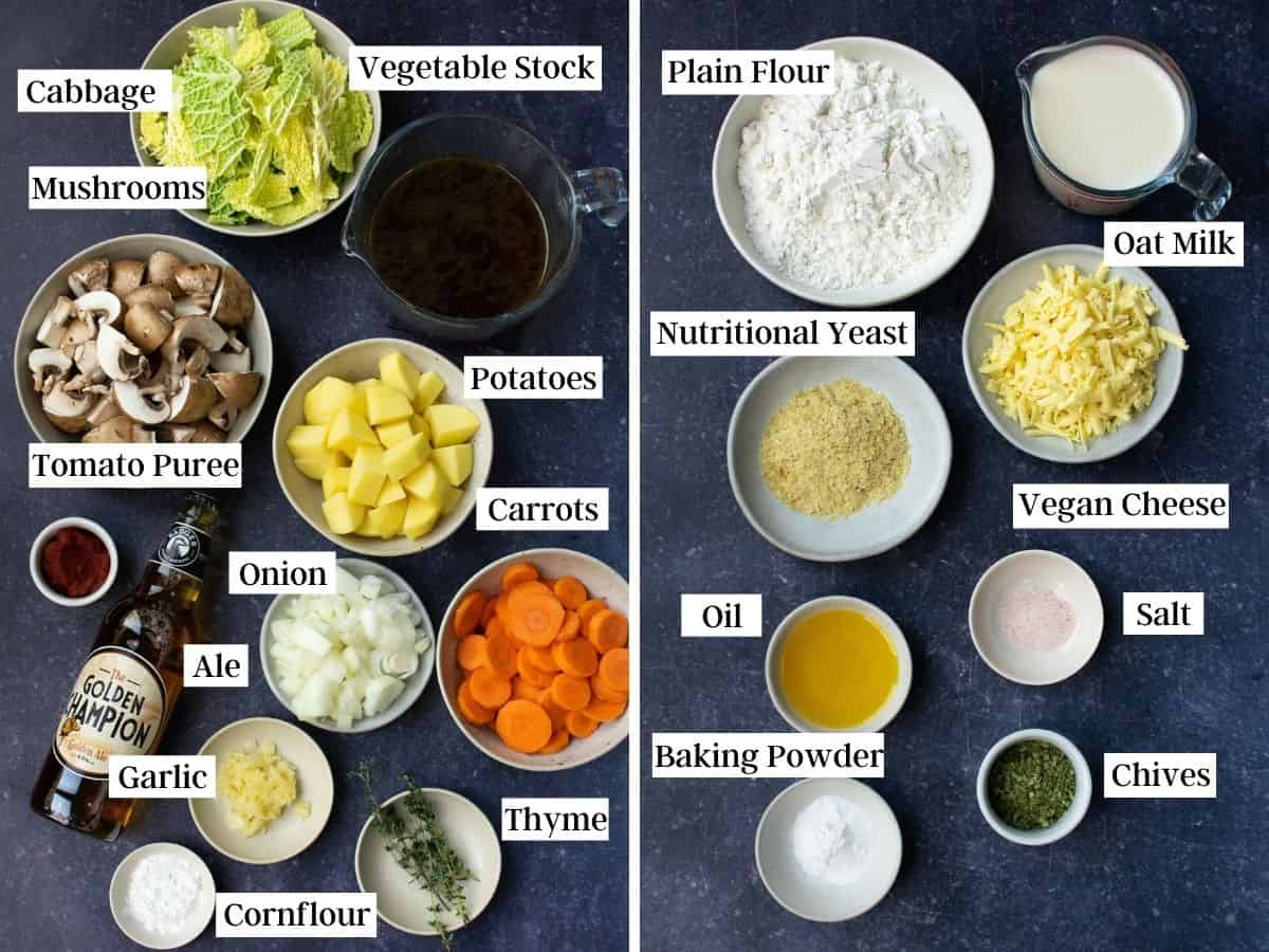 Ingredients in bowls for vegan stew and fluffy dumplings.