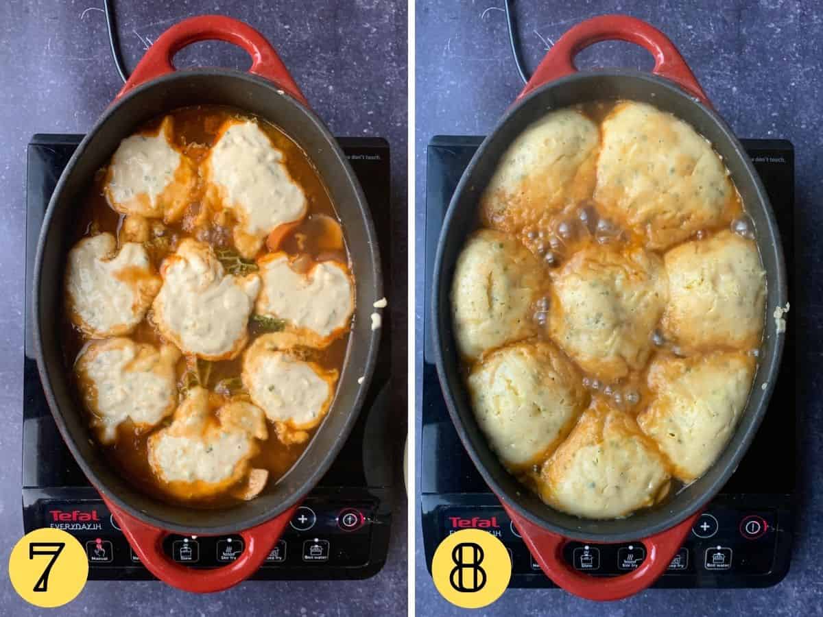 Dumpling batter on top of stew, cooked dumplings on top of stew in a pot.