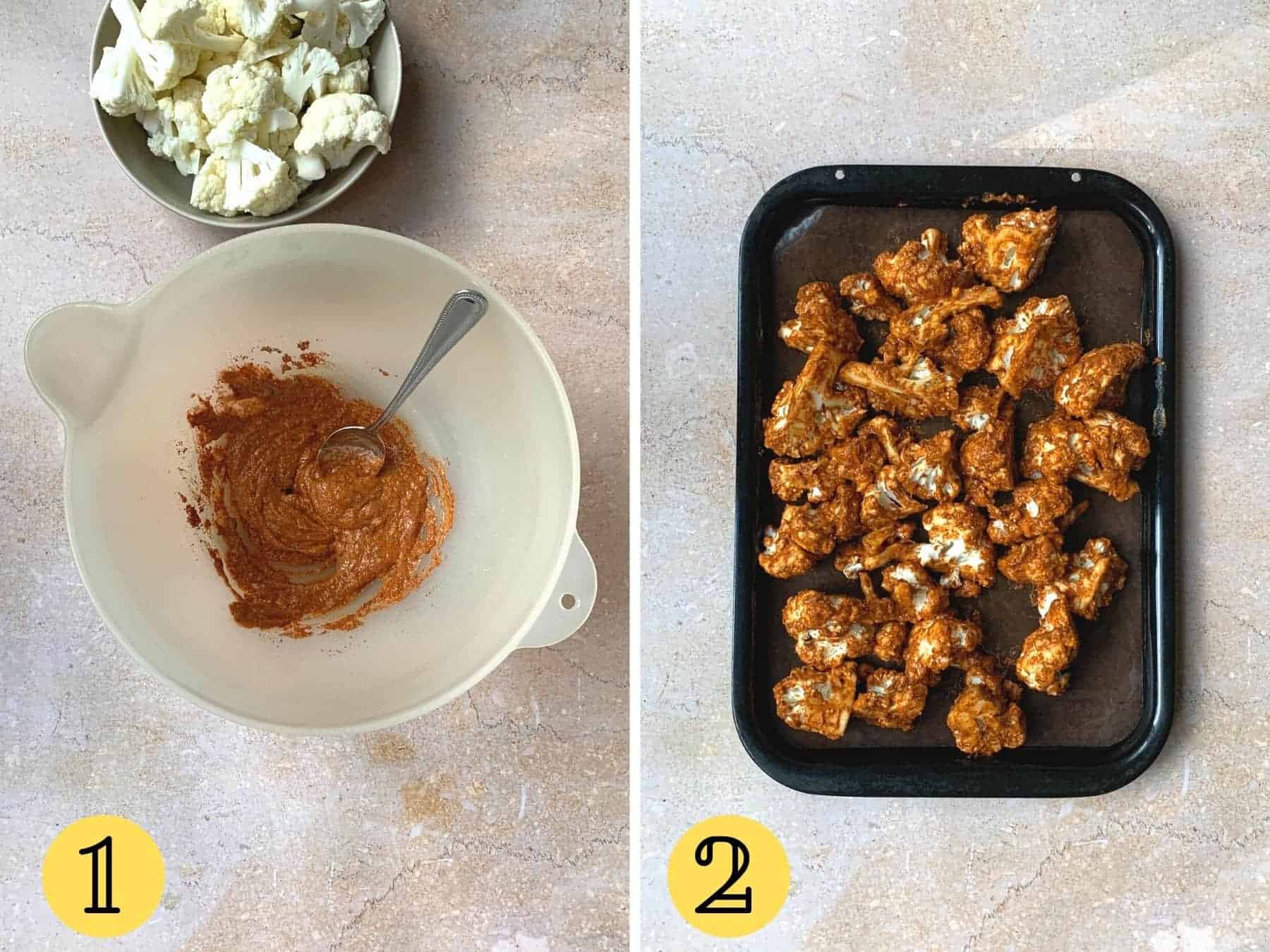 A bowl with a marinade, and marinated cauliflower on a tray.