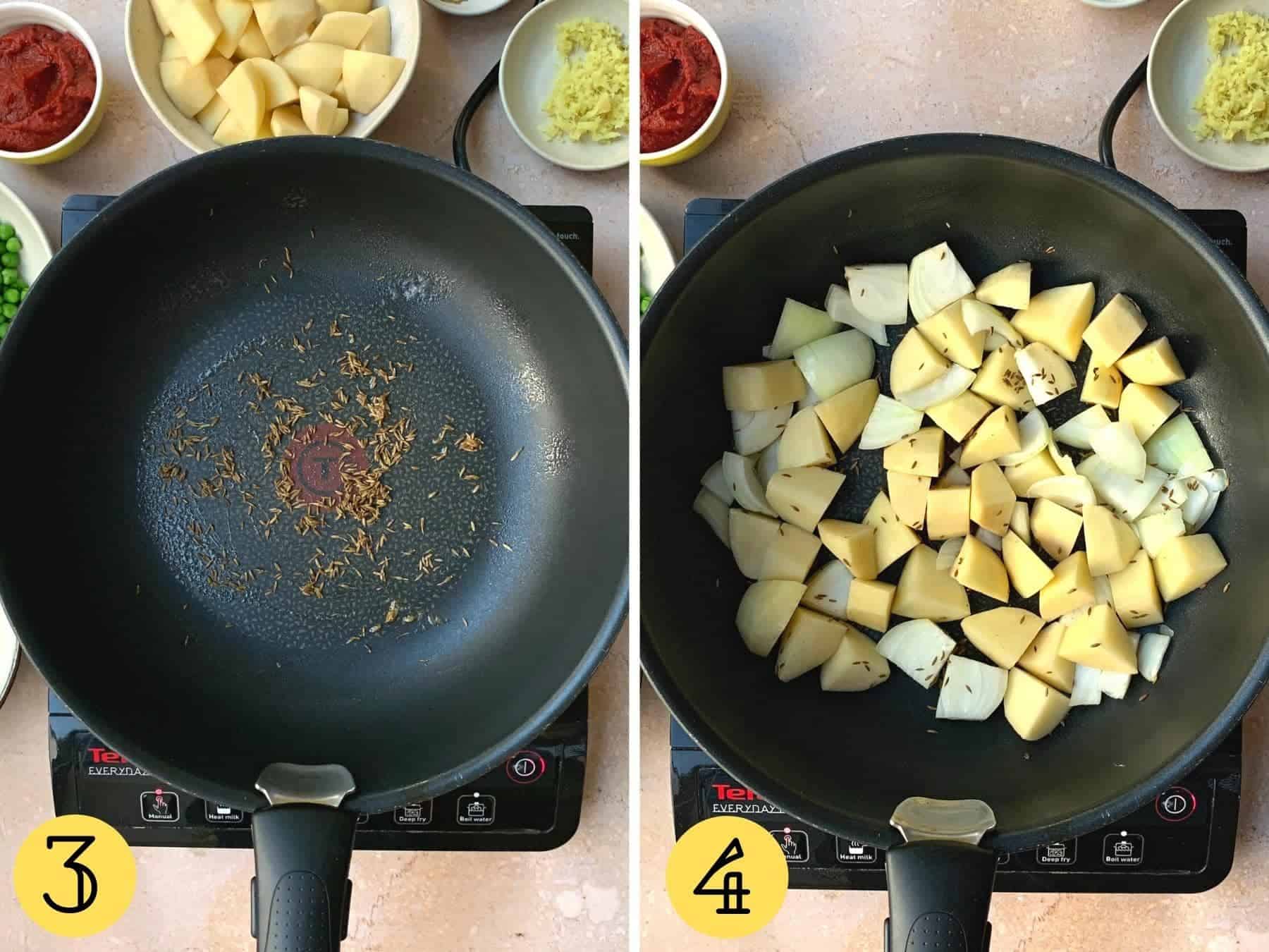 Cumin seeds, onions and potatoes in a wok.