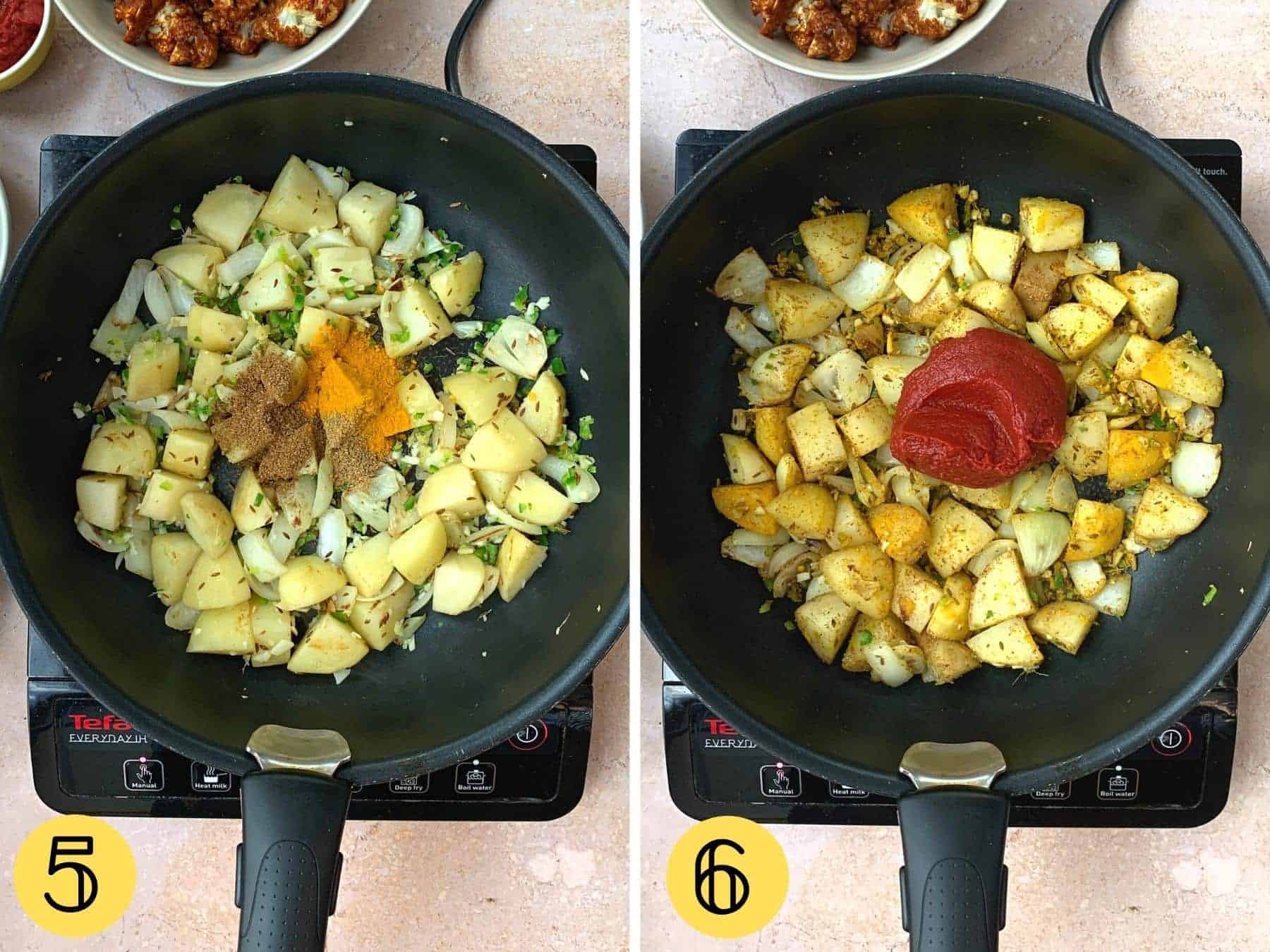 Potatoes, spices and tomato puree in a wok.