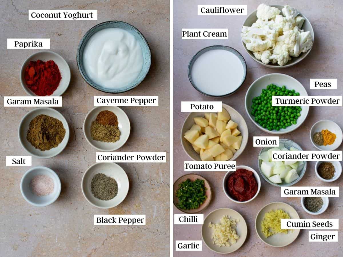 All ingredients for vegetable tikka masala laid out on a marble surface, labelled with text.
