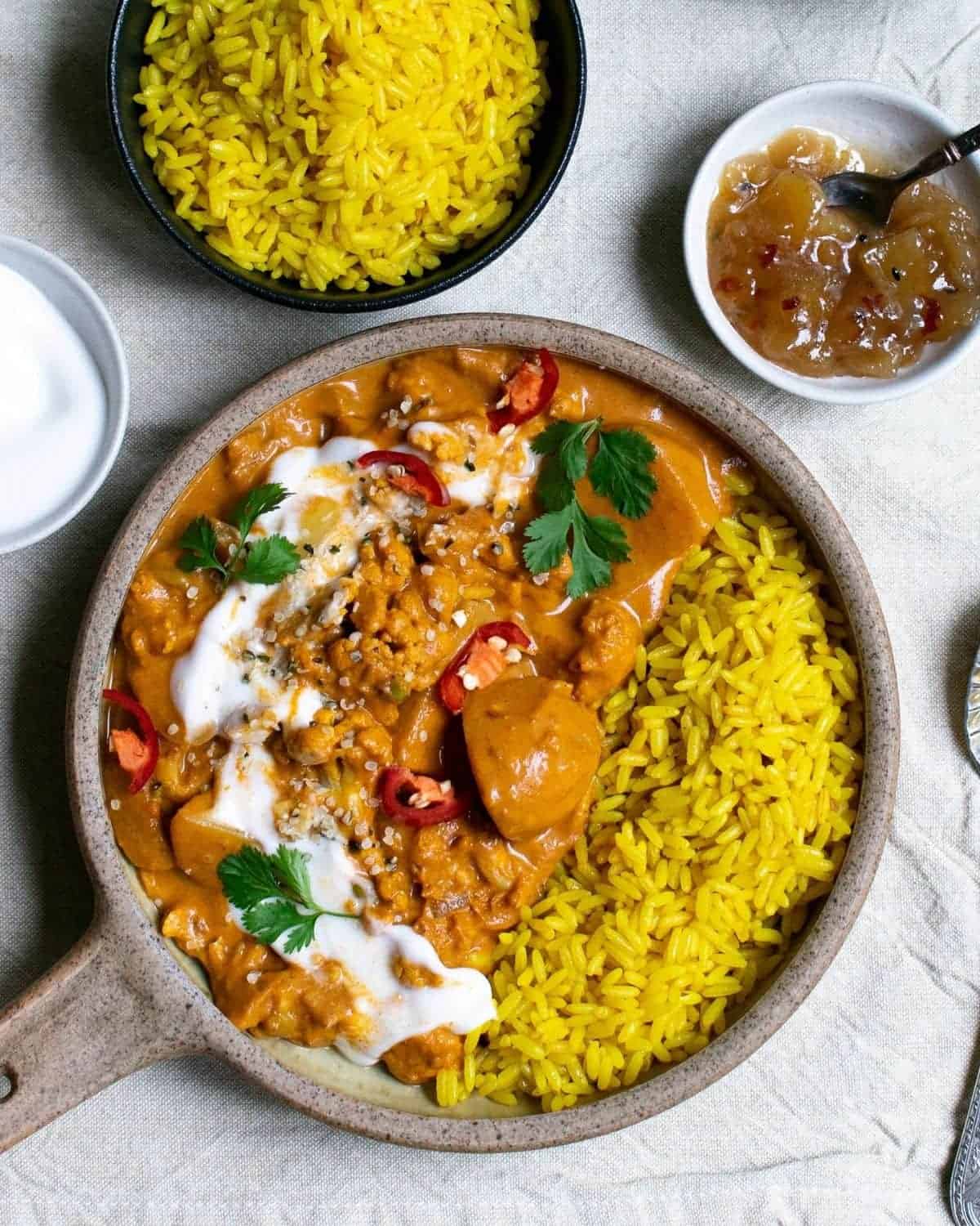 Veggie tikka masala served with Pilau rice, chutney and yoghurt.