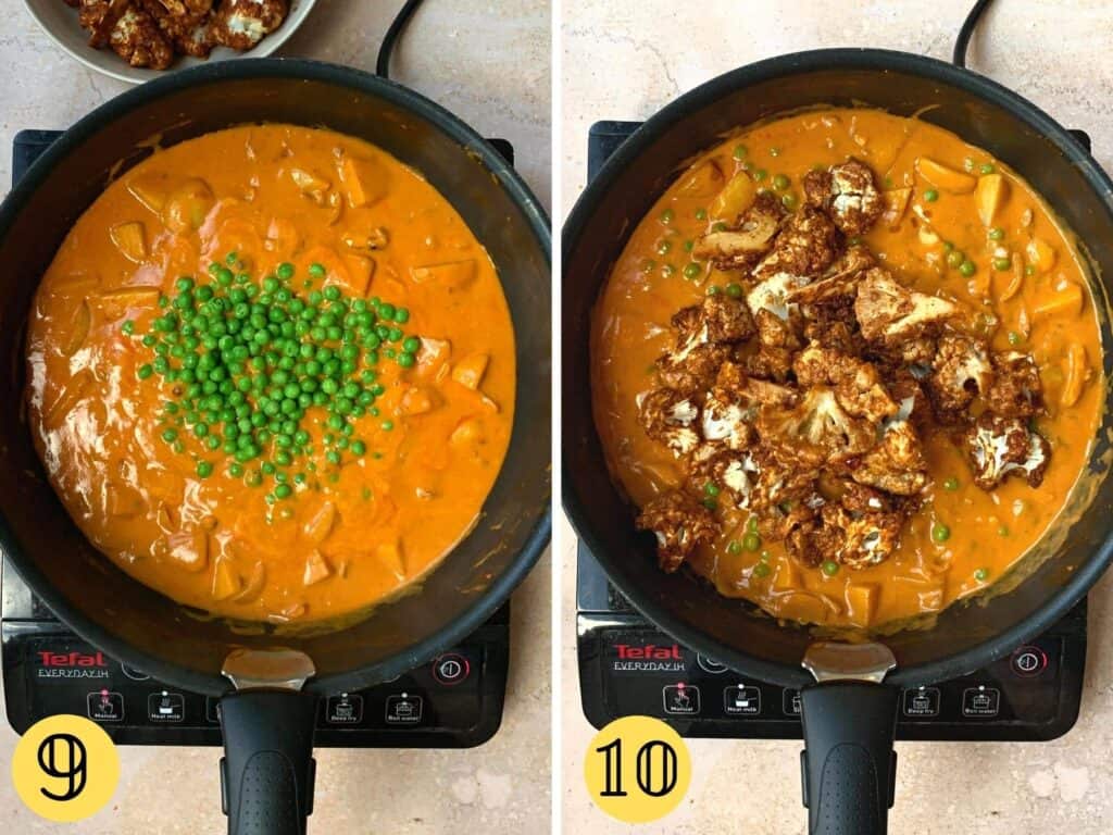 Curry in a pan with peas and roasted cauliflower added on top.