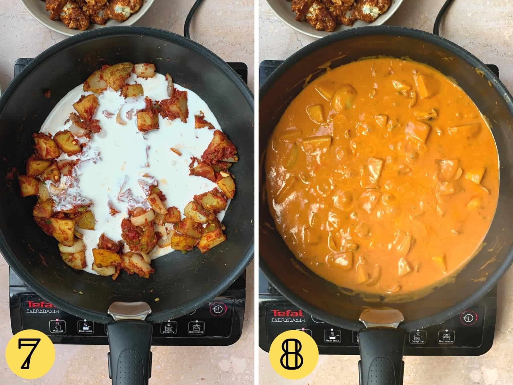 Vegetable tikka masala with plant cream in a pan.