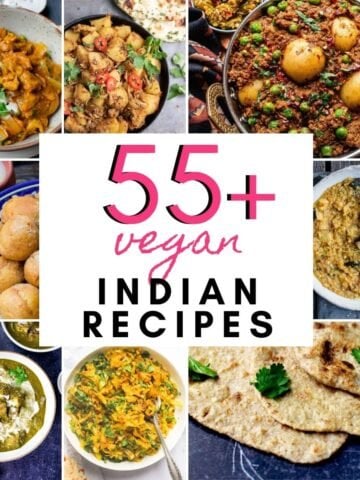 Collage of 8 vegan Indian dishes with a title in the middle.
