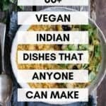 A bowl of dhal on a dark grey background with the text '60+ vegan Indian dishes that anyone can make' on the top