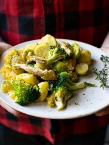 Dan's hands holding a white plate of vegan potato hash where you can see broccoli, swede mash, vegan chicken and fresh thyme, held up against a checked red shirt