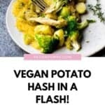 A pinterest image with a vegan potato hash image in the top half that shows vegan chicken, broccoli, swede mash and a sprig of thyme