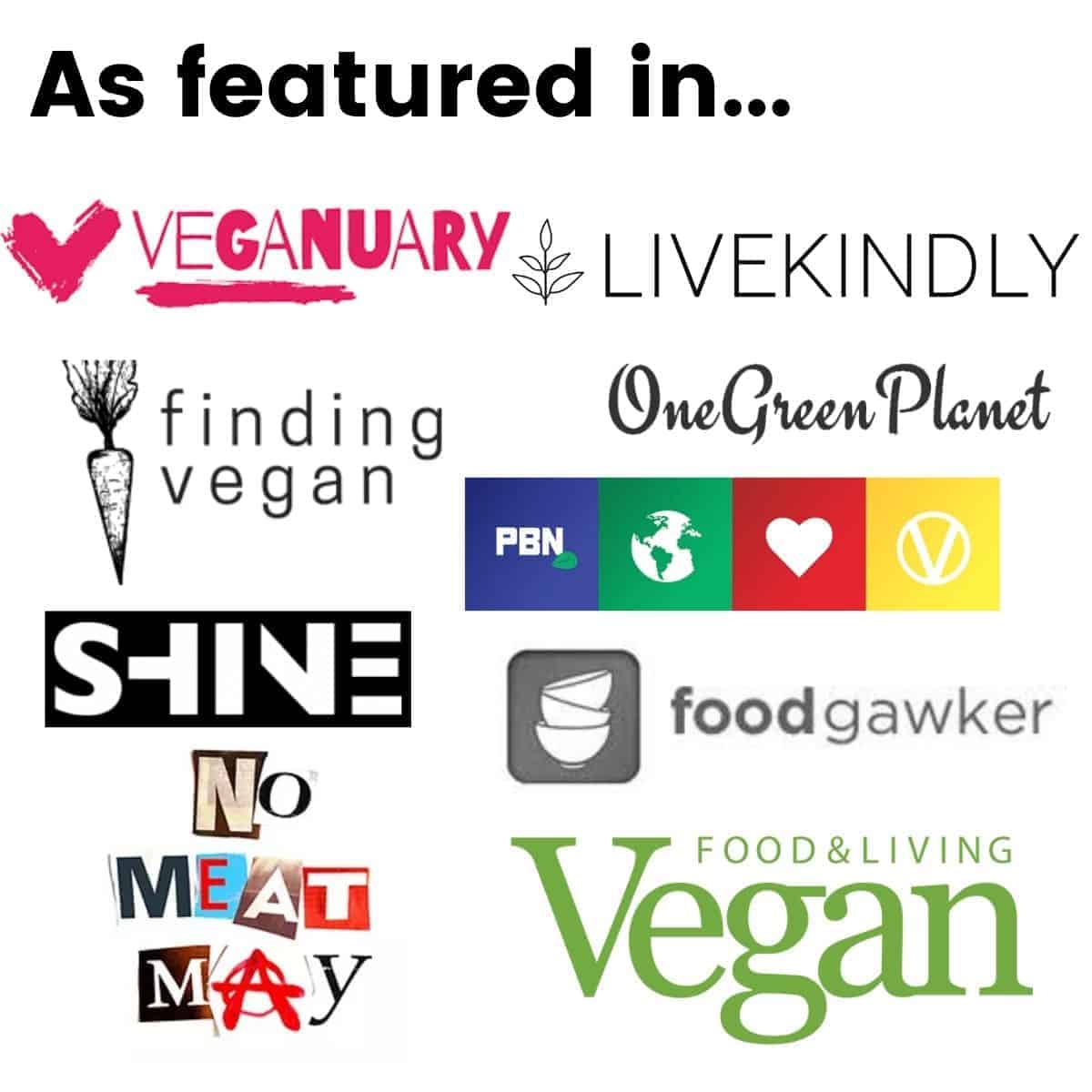 An image showing all the publications we've been shared in, including: Veganuary, LiveKindly, Vegan Food & Living and Plant Based News, amongst others.