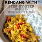 A pinterest image close up on jackfruit rendang with a title at the top of the image