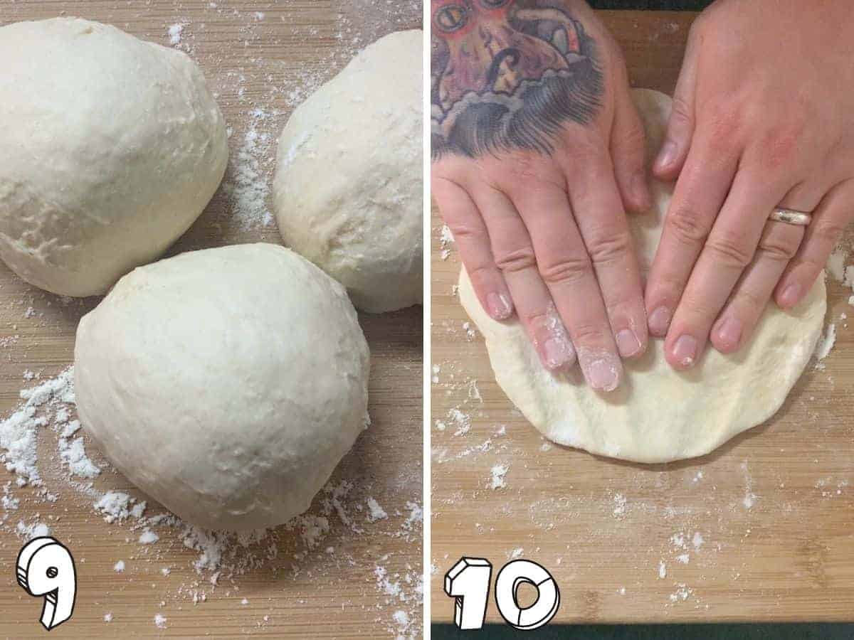 Two images showing 3 balls of dough, and another image showing an oval piece of dough on a wooden board