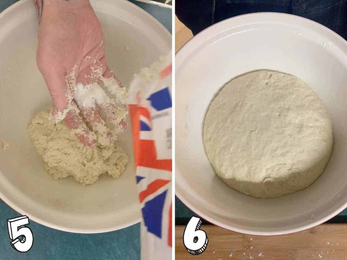 Vegan naan bread dough in a bowl in one image, and another image with a hand covered in flour above the bowl