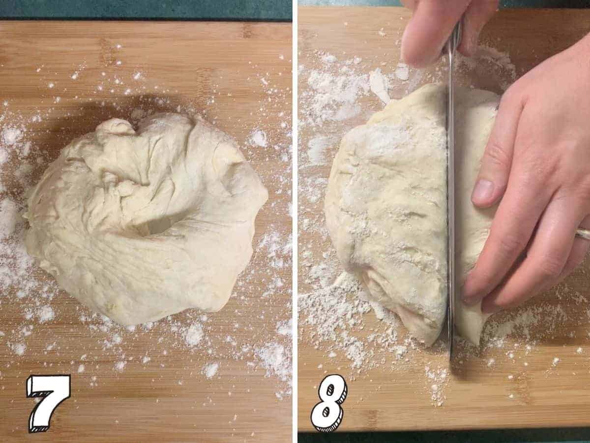 Two images showing dough being cut with a knife and the other image showing one balls of dough