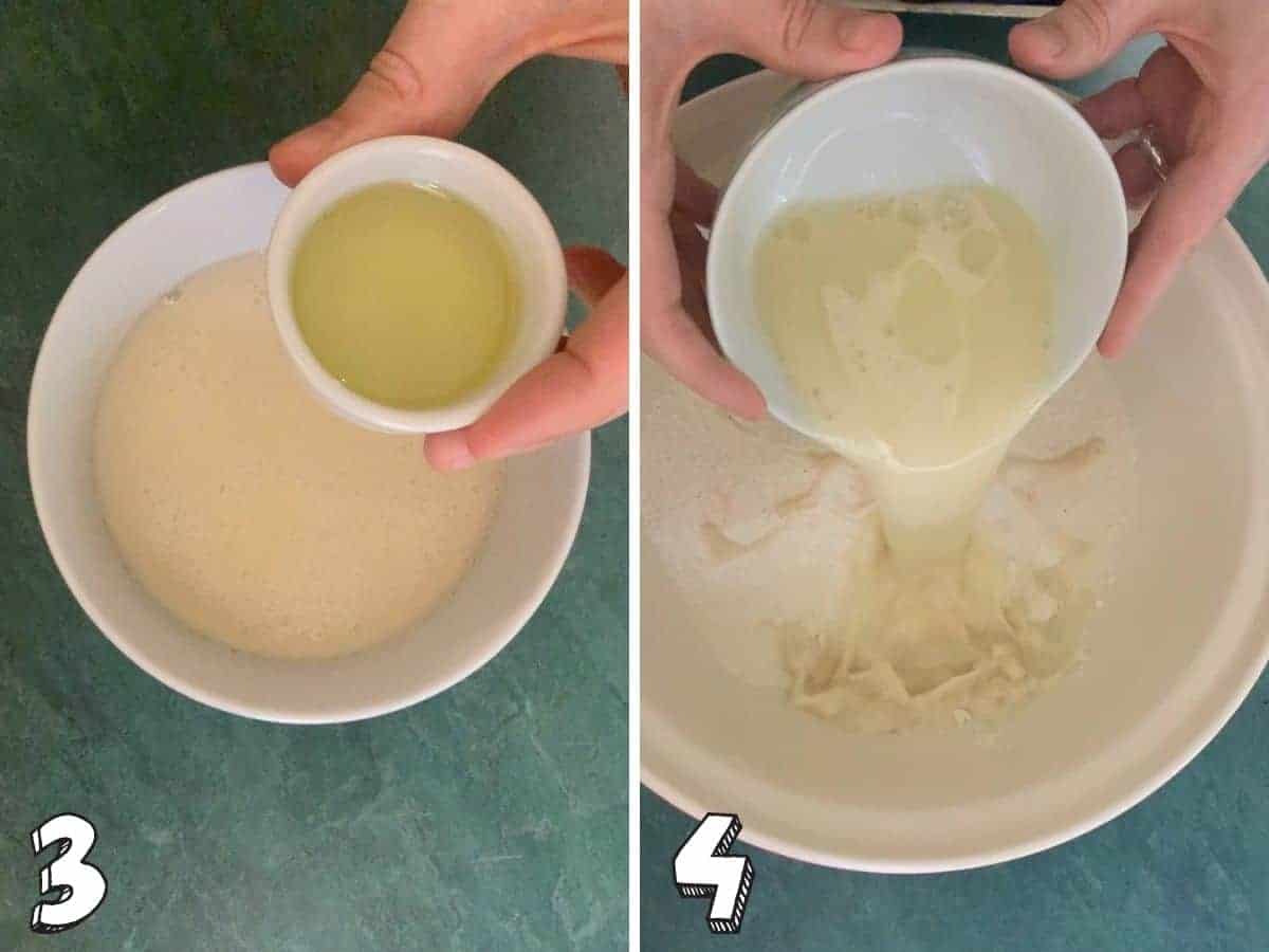 Two images showing oil being poured into a bowl, and the yeast and oil mixture being poured into a mixing bowl