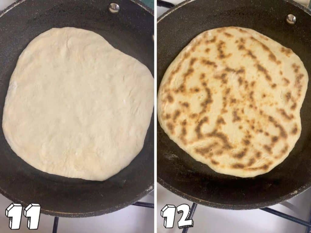 Two images showing vegan naan dough in a pan one uncooked and one cooked