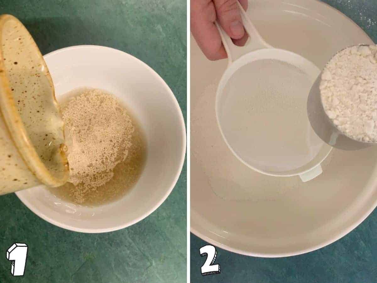 Two images showing yeast, water and sugar in a bowl, and the other showing flour about to sieved