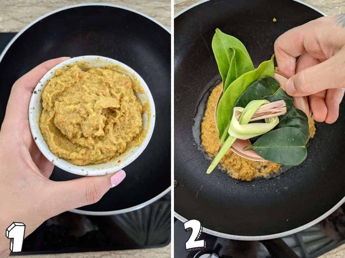 Two images, one showing the curry paste about to go in the wok and lemongrass and leaves going into the wok in the second pic