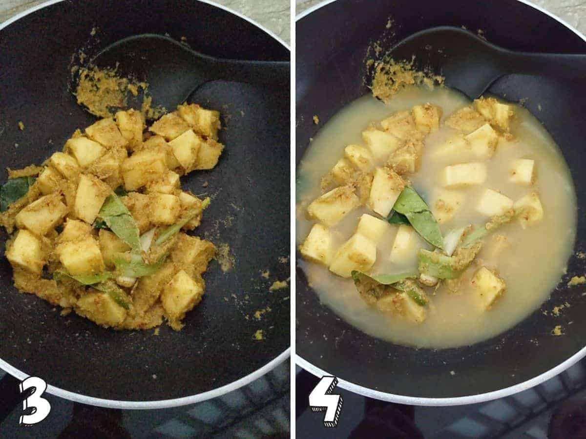 Two side by side images, the one on the left shows potatoes and curry paste in a wok and the one on the right is the same but with water in the wok too
