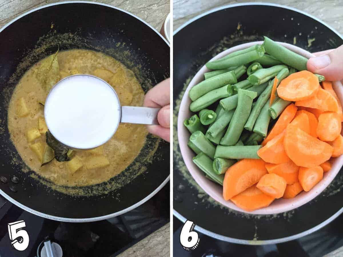 Two side by side images one showing coconut milk held above the wok with curry in it, the second one shows carrots and beans above the wok