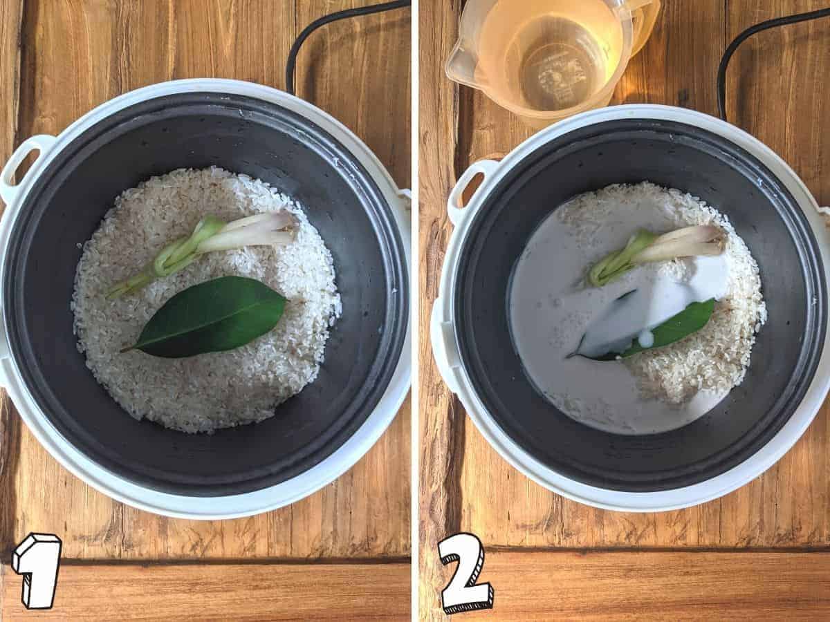 Two images side by side, both showing rice in a rice cooker with a salam leaf and lemongrass in the left side and on the right it also has coconut milk in the pot
