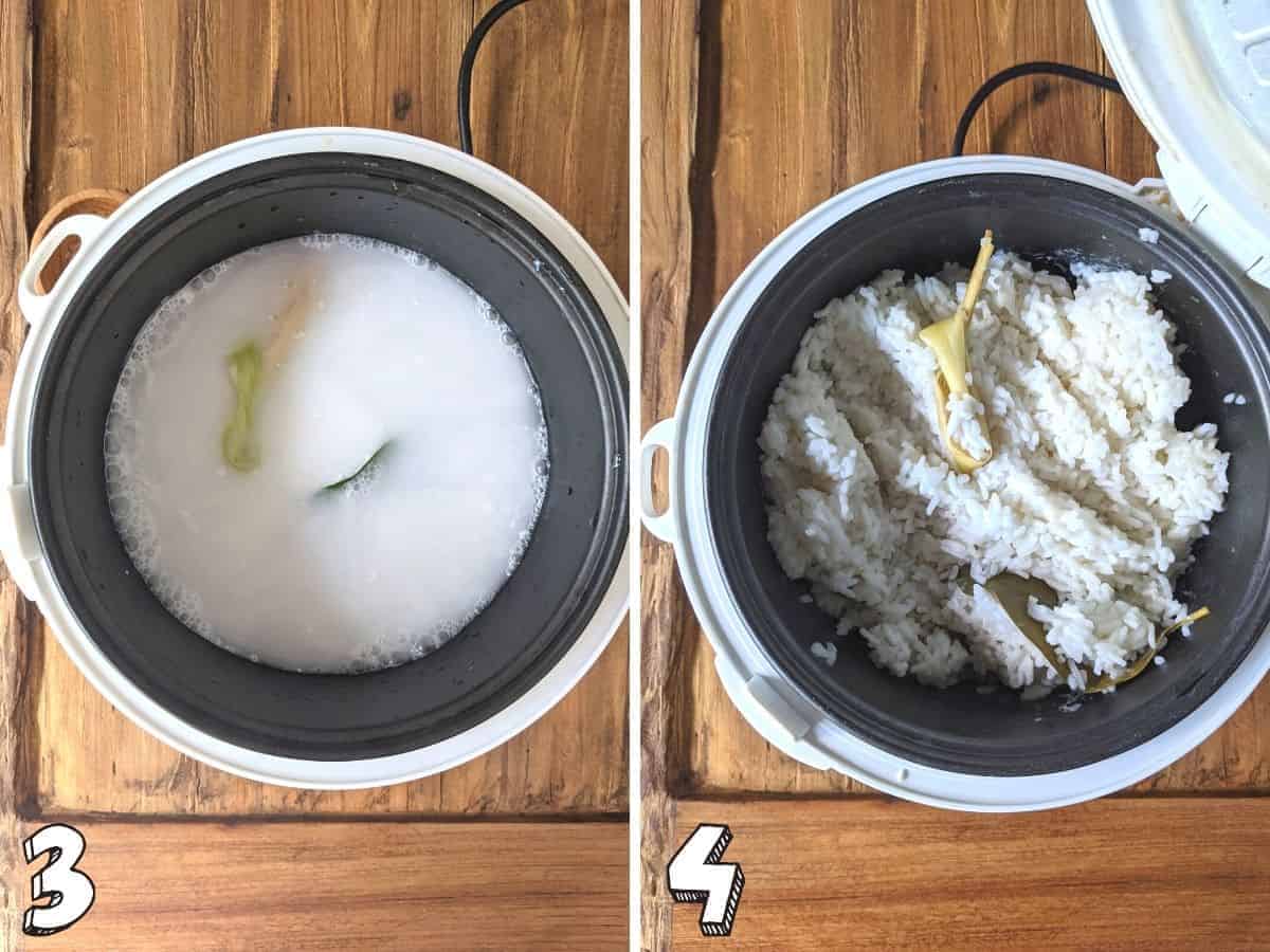 Two images side by side, both showing rice in a rice cooker, on the left there is water in the pot and on the right the rice is cooked