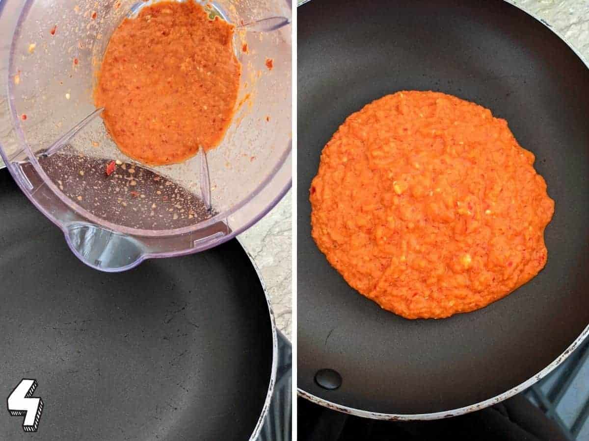 Two images, left showing paste pouring into a pan, the right shows paste in the pan