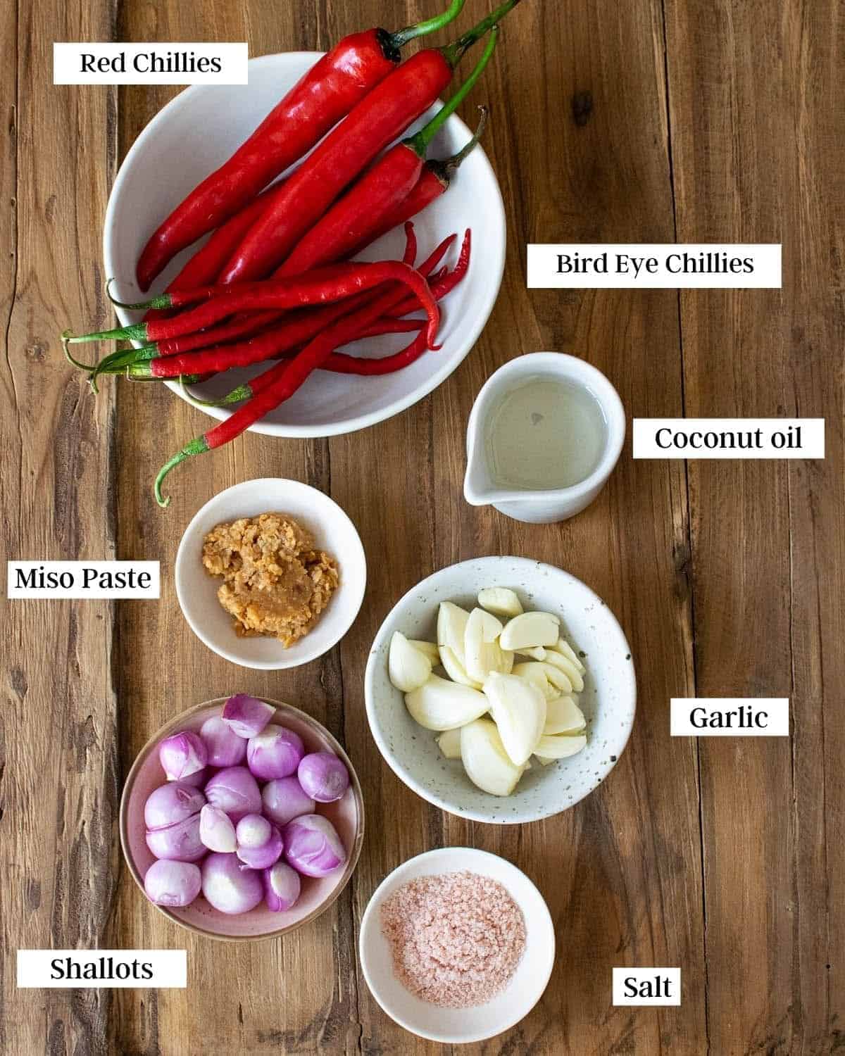 Top down view of all ingredients for sambal goreng, with text labelling each item