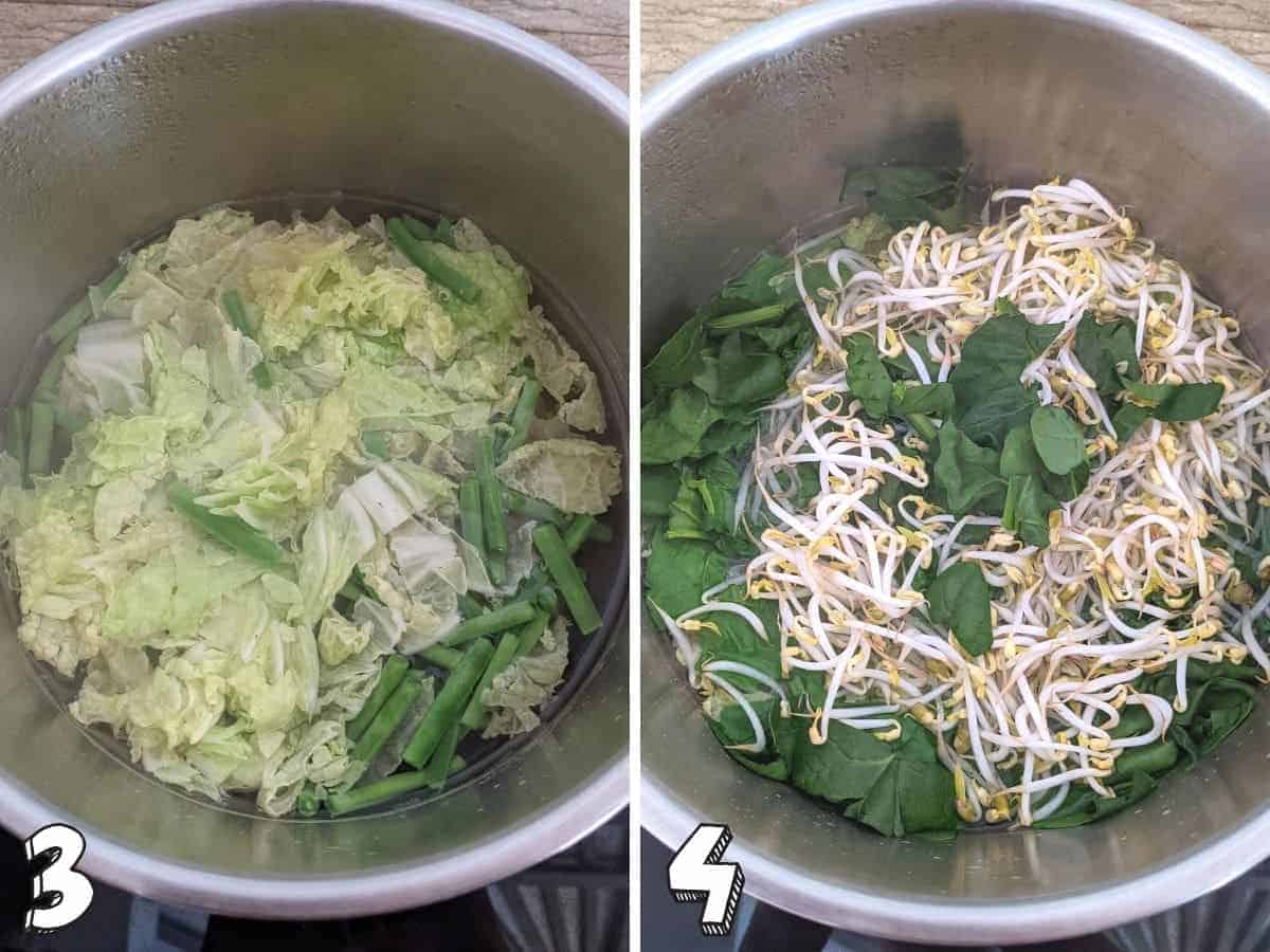 Two images of a silver pan with vegetables being simmered. On the left is cabbage and green beans, the right beansprouts and spinach