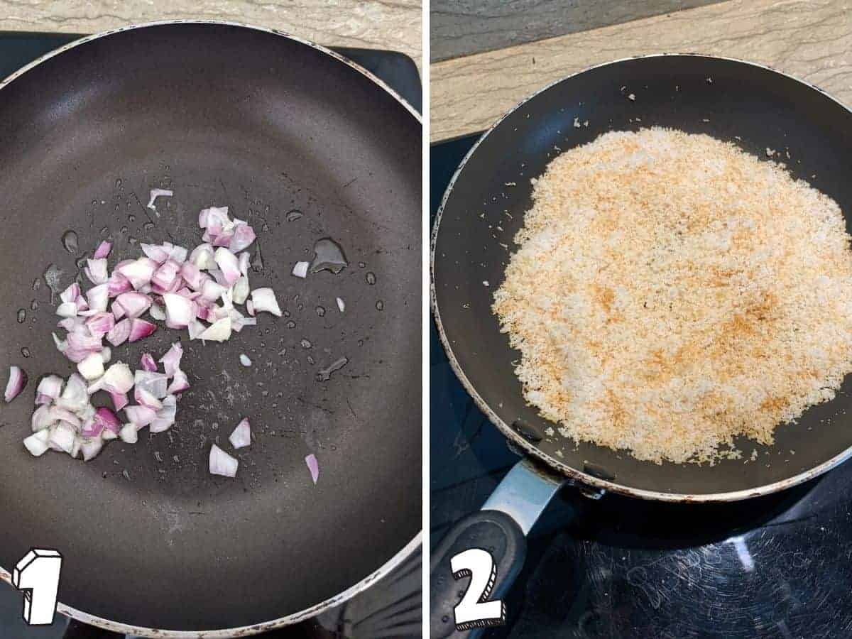Two images side by side showing a pan with onions, and on the right a pan with desiccated coconut