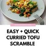 Tofu Curry Scramble on a piece of toast on a plate and a Pinterest title beneath it