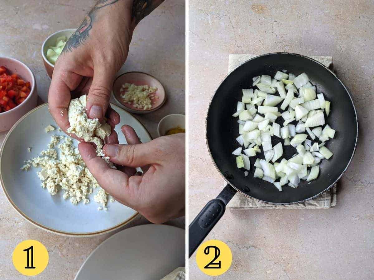 Two images, one showing tofu being crumbled into a bowl and another shows chopped onions in a frying pan