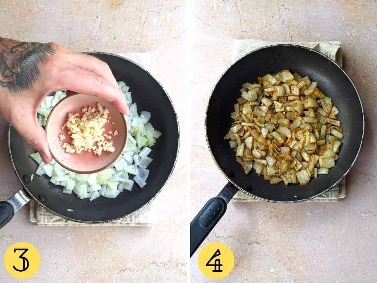 Two images, one of crushed garlic being held over a pan, and another is a top down view of onions and garlic and spices in the frying pan