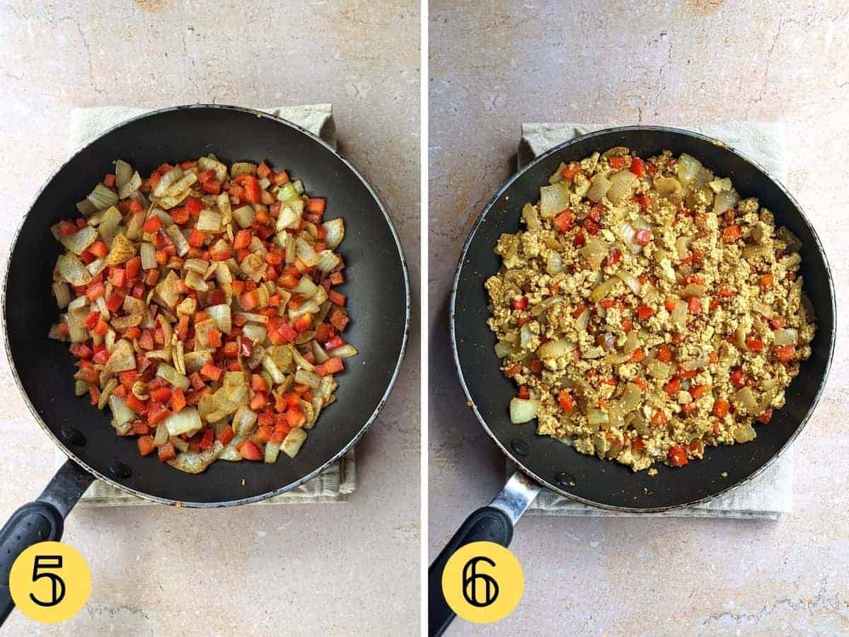 Two images of a frying pan, one with vegetables in it and the other has crumbled tofu added to the pan