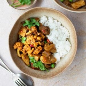 Vegetable rogan josh in a bowl with rice