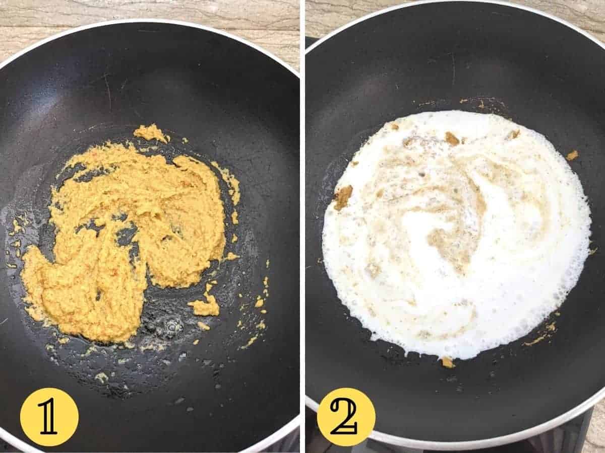 Two images showing a wok with ingredients in them