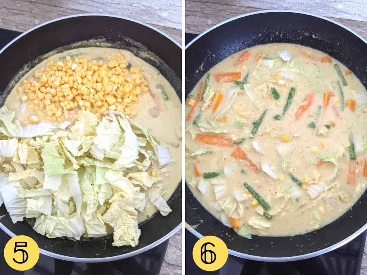 Two images of sayur lodeh being cooked in a wok