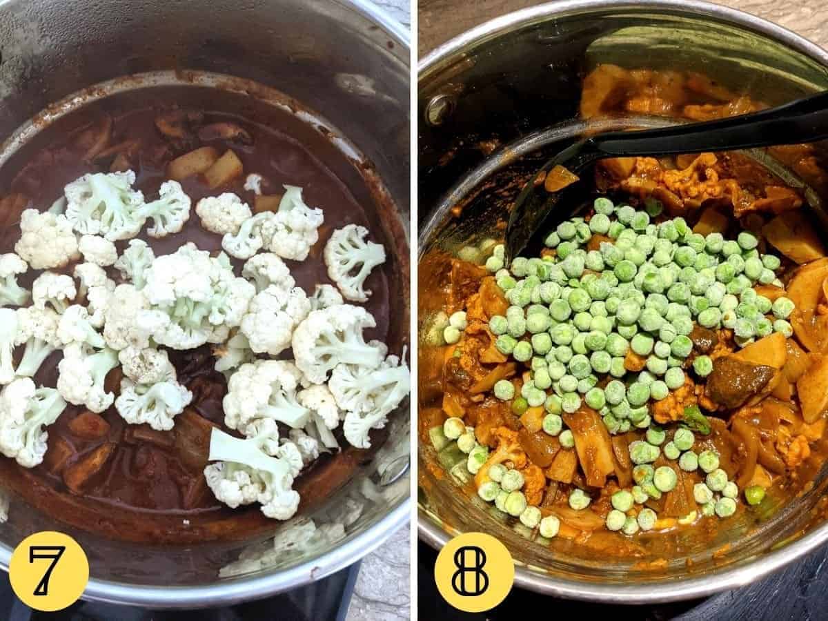 Two top down images of curry in a pan, one with cauliflower on top and the other with peas